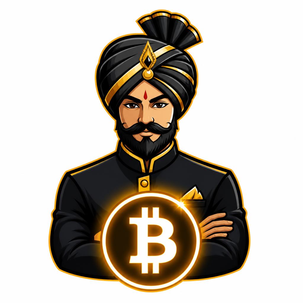 CryptoCasinoIndia mascot: a man in a turban holding a glowing Bitcoin coin