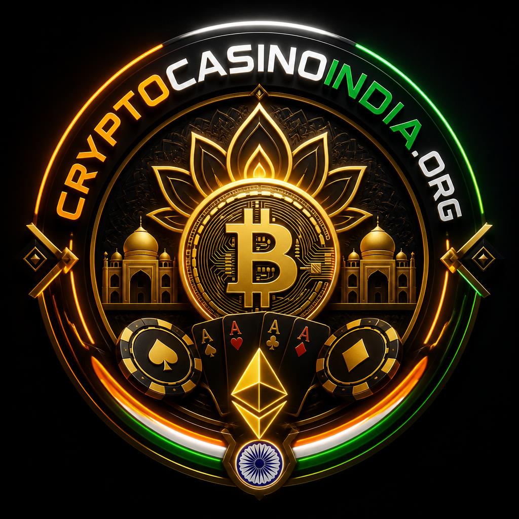 CryptoCasinoIndia.org emblem: a Bitcoin coin on a lotus with playing cards and the Indian tricolour