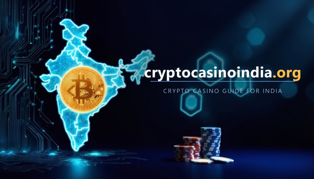 CryptoCasinoIndia.org banner: a glowing circuit map of India with a Bitcoin coin and casino chips