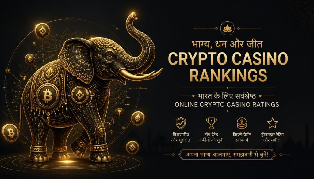 Crypto casino rankings for India: a golden elephant with captions in Hindi