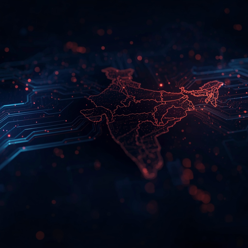 Outline of India over a dark circuit-board background