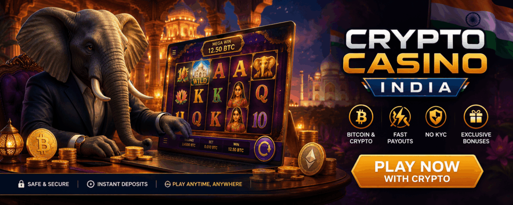 Crypto Casino India banner: an elephant in a suit spinning an Indian-themed slot on a laptop