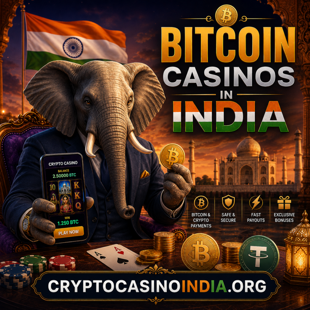 Bitcoin casinos in India: the elephant mascot with a BTC coin and a slot game on a phone